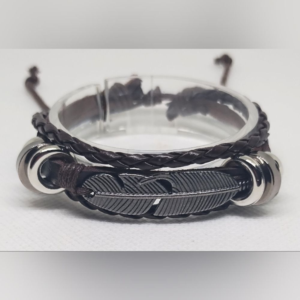 Men's bracelet leather layered feather braided‎ new e69